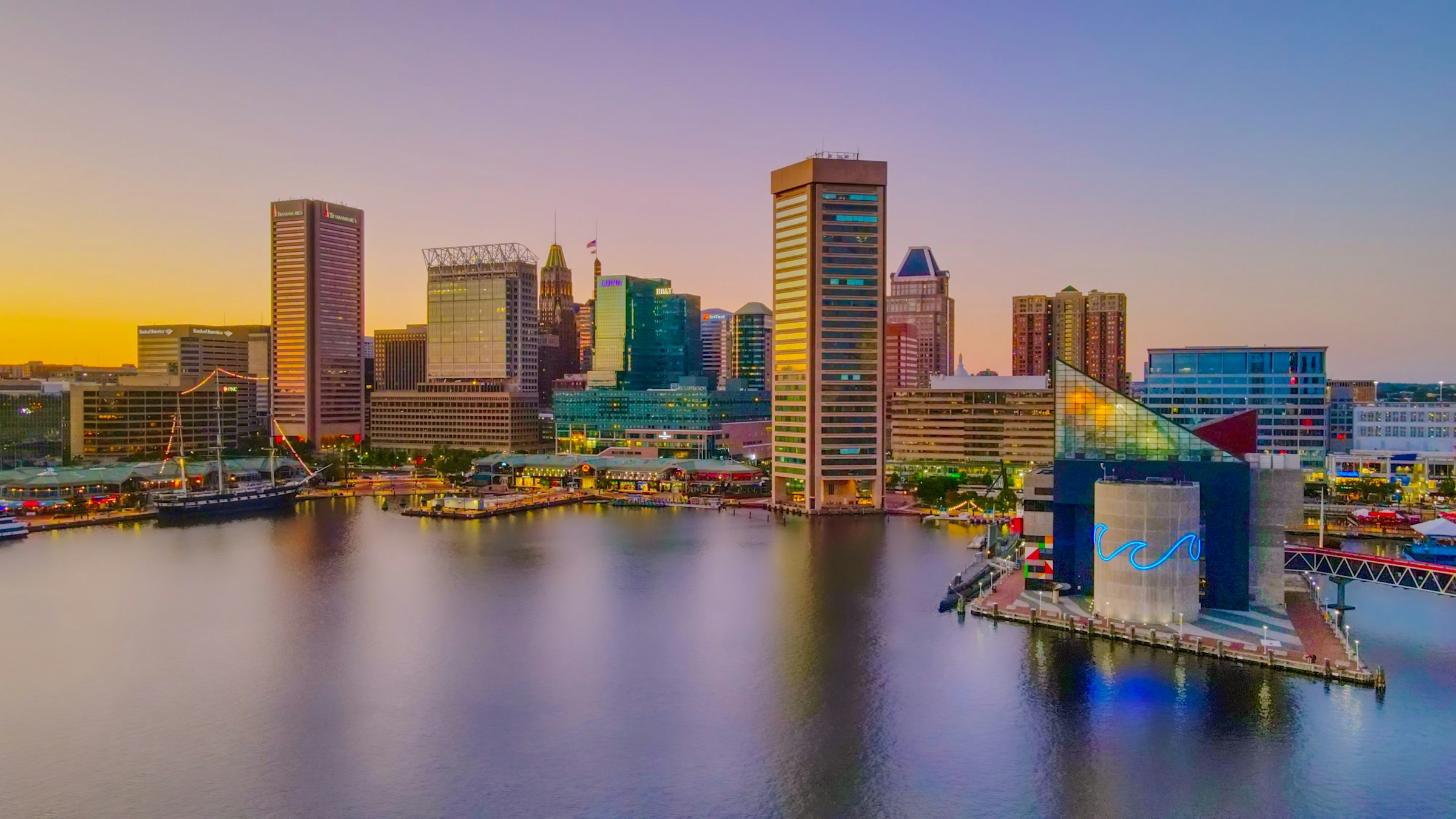 Baltimore Inner Harbor skyline at dusk